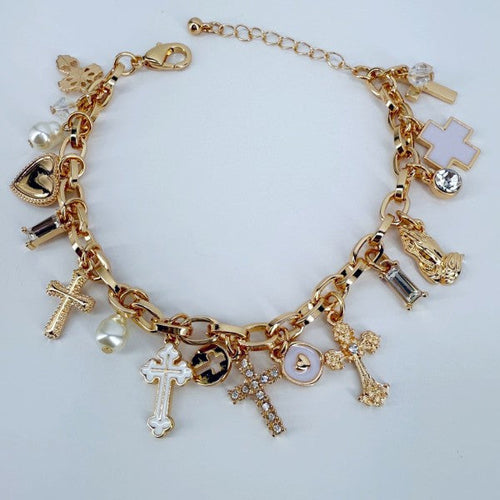Chain Bracelet Cross With Heart Charms