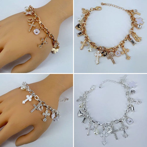 Chain Bracelet Cross With Heart Charms