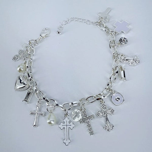 Chain Bracelet Cross With Heart Charms