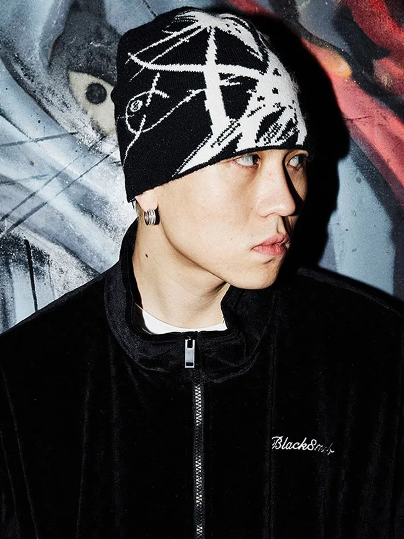 Men'S Hat Beanie Y2K Knitted Gothic Hip Hop Harajuku Streetwear Wool Winter Korean Fashion Pullover Jacquard Unisex Accessories