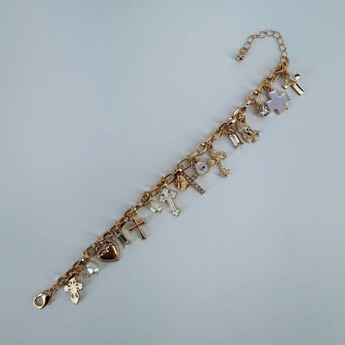 Chain Bracelet Cross With Heart Charms
