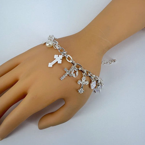 Chain Bracelet Cross With Heart Charms