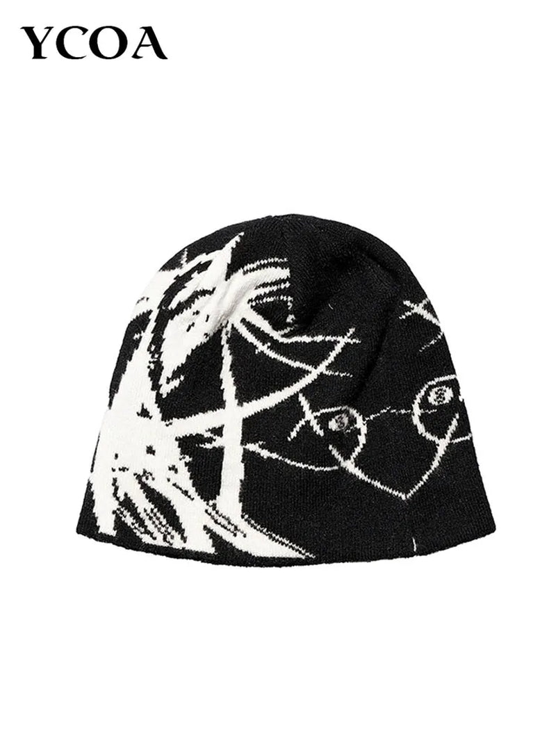 Men'S Hat Beanie Y2K Knitted Gothic Hip Hop Harajuku Streetwear Wool Winter Korean Fashion Pullover Jacquard Unisex Accessories