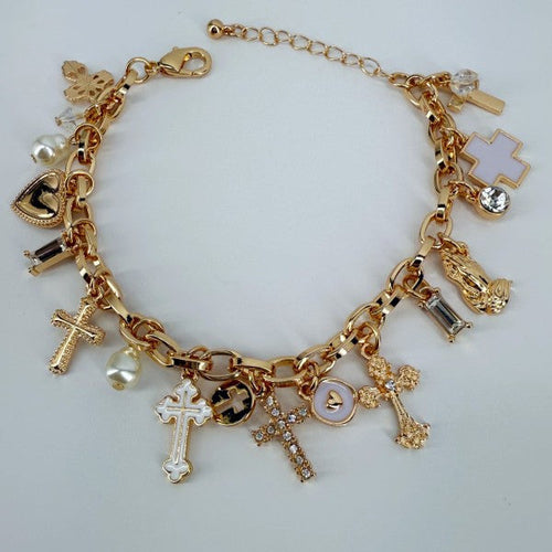 Chain Bracelet Cross With Heart Charms